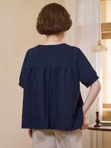 Vivie Lora Women's Casual Solid Color Loose Short Sleeve Blouse - Brown - View 5