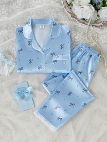 2件套女童塔夫绸蝴蝶结印花蕾丝边长袖上衣和长裤睡衣套装，春夏款 - 淺藍色 - 查看 4