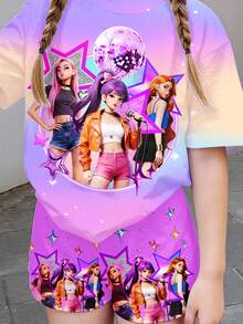 SHEIN 紫色扎染印花，星光钻石梦幻印花图案，少女休闲简约短袖T恤短裤两件套，适合夏季穿着 - 彩色 - 查看 6