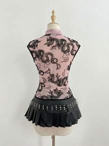 Elamini Elegant Luxury Women's Chinese Dragon Print Cap Sleeve Top - Pink - View 2