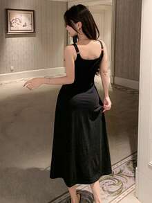 DAZY Contrast Color Lace Patchwork Waist Cinched Mid-Length Women Nightgown - Black - View 2