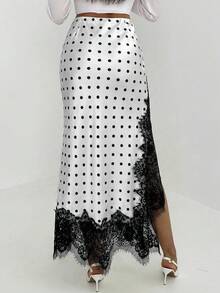 Aloruh 女士时尚优雅波点印花蕾丝拼接半身裙 - 黑與白 - 查看 2
