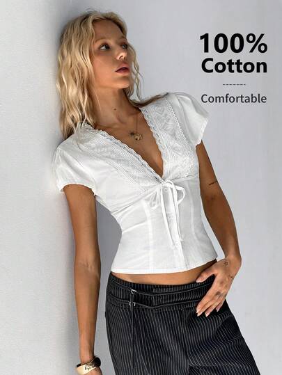 TRNVIE Women's White Cotton V-Neck Lace Trim Boho Jacquard Tie-Waist Ruffle Sleeve Blouse, Suitable For Beach Vacation, Casual And Commuting