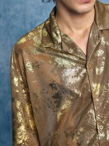 ROMWE MEN Casual Áo sơ mi nam tay ngắn dệt kim nhăn, cài một hàng khuy. - Vàng - Xem 2