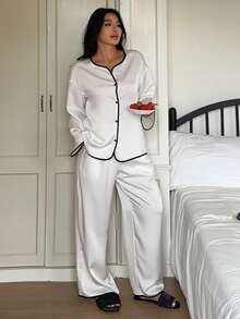 Dazy Plus Plus Size Comfortable Contrast Trim Front Button Long Sleeve Top And Pants Pajama Set, Autumn - Apricot - View 3
