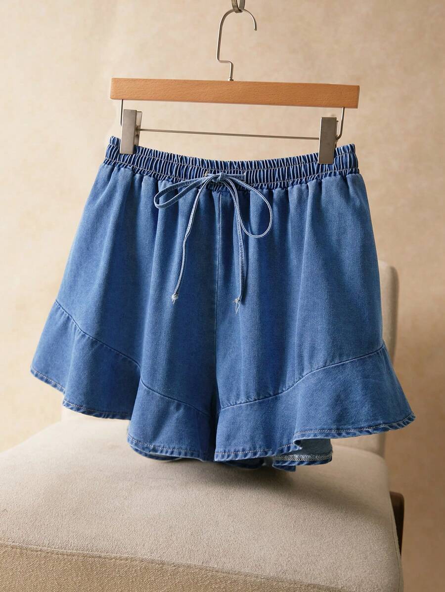 Elaquor Celana Pendek Denim Kasual Berkerut Ukuran Besar, Celana Pendek Denim Musim Panas - Light Wash - View 1