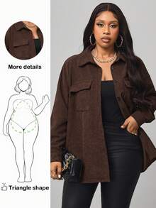 Truni Plus Size Women Solid Color Long Sleeve Single-Breasted Cargo Pocket Casual Jacket, Autumn Fall Winter, For Pear Triangle Body Shape - Chocolate Brown - View 1