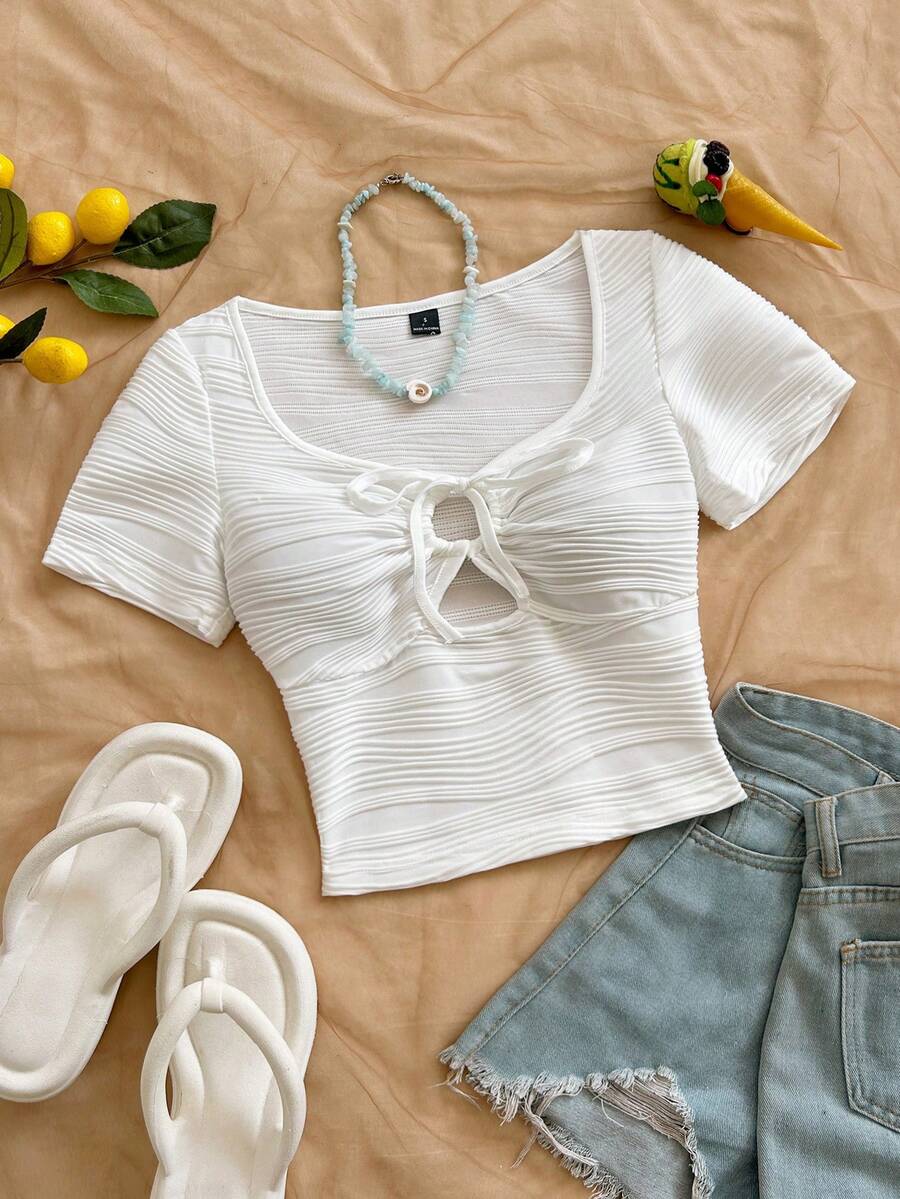 Soleia Vacation Fitted Women T-Shirt, Front Ruched Drawstring, Suitable For Party, Date, Valentine's Day, Easter, Carnival, Afternoon Tea, Beach, Cruise, City Vacation - White - View 1