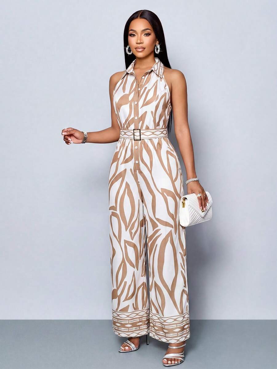 SOLERSUN 春夏女装：优雅时尚，休闲度假皆宜。特色单品包括黄色波浪印花无袖衬衫领上衣、纽扣、可拆卸腰带、直筒裤和连体裤。 - 杏色 - 查看 1