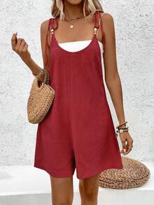 Breezaya 纯色水洗棉圆领串珠连体裤 - 酒紅色 - 查看 4