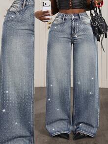 Slaydiva Women's Casual Fashion Rhinestone Embellished Loose Wide-Leg Jeans - Blue - View 1