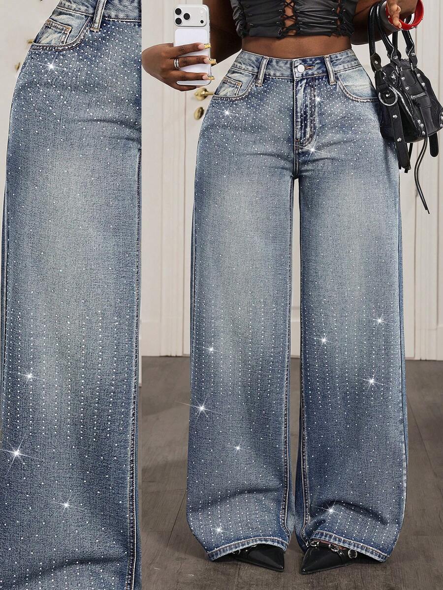 Slaydiva Women's Casual Fashion Rhinestone Embellished Loose Wide-Leg Jeans - Blue - View 1