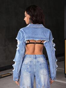 Jeanoix Women's Fashionable Sexy Distressed Super Short Denim Jacket, Summer - Light Wash - View 2