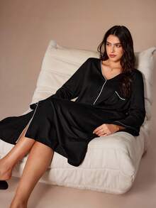 黑色V领长袖开衫式女士睡衣睡袍，加大码宽松休闲长款连衣裙 - 黑色 - 查看 7