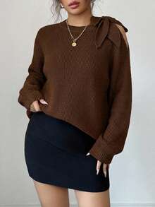 Solid Color Twist Hollow Casual Versatile Long Sleeve Pullover Sweater - Brown - View 4