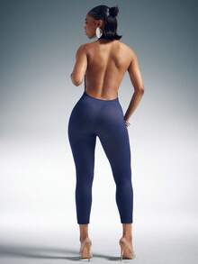 Denimoi Mono capri de cuello alto y espalda baja de punto elástico, monos sexys, pantalones capri de moda - Azul Marino - Ver 2