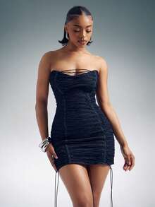 Denimoi Lace Up Denim Tube Dress Denim Mini Dress Short Denim Dress Fashion Sexy Dresse Concert Outfits - Dark Wash - View 5