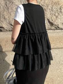 FRIFUL Women's Solid Color Short Sleeve Tie-Up Bow Mesh Patchwork Loose Casual Versatile T-Shirt, Spring/Summer - Black - View 4