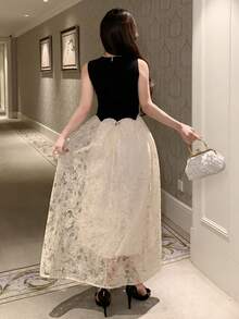 DAZY Spring/Summer Lace Patchwork Elegant Long Dress, Suitable For Wedding, Party, Formal Occasion, Commute - Black - View 2
