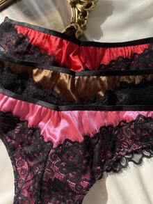 3pcs/Set Women's Fashion Comfortable Lace Trim Thong Panties - Multicolor - View 11