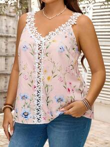 EMERY ROSE Plus Size V-Neck Pink Floral Print Tank Top,Summer Boho Vacation Holiday For Women Casual Festival Office Wear - Baby Pink - View 6