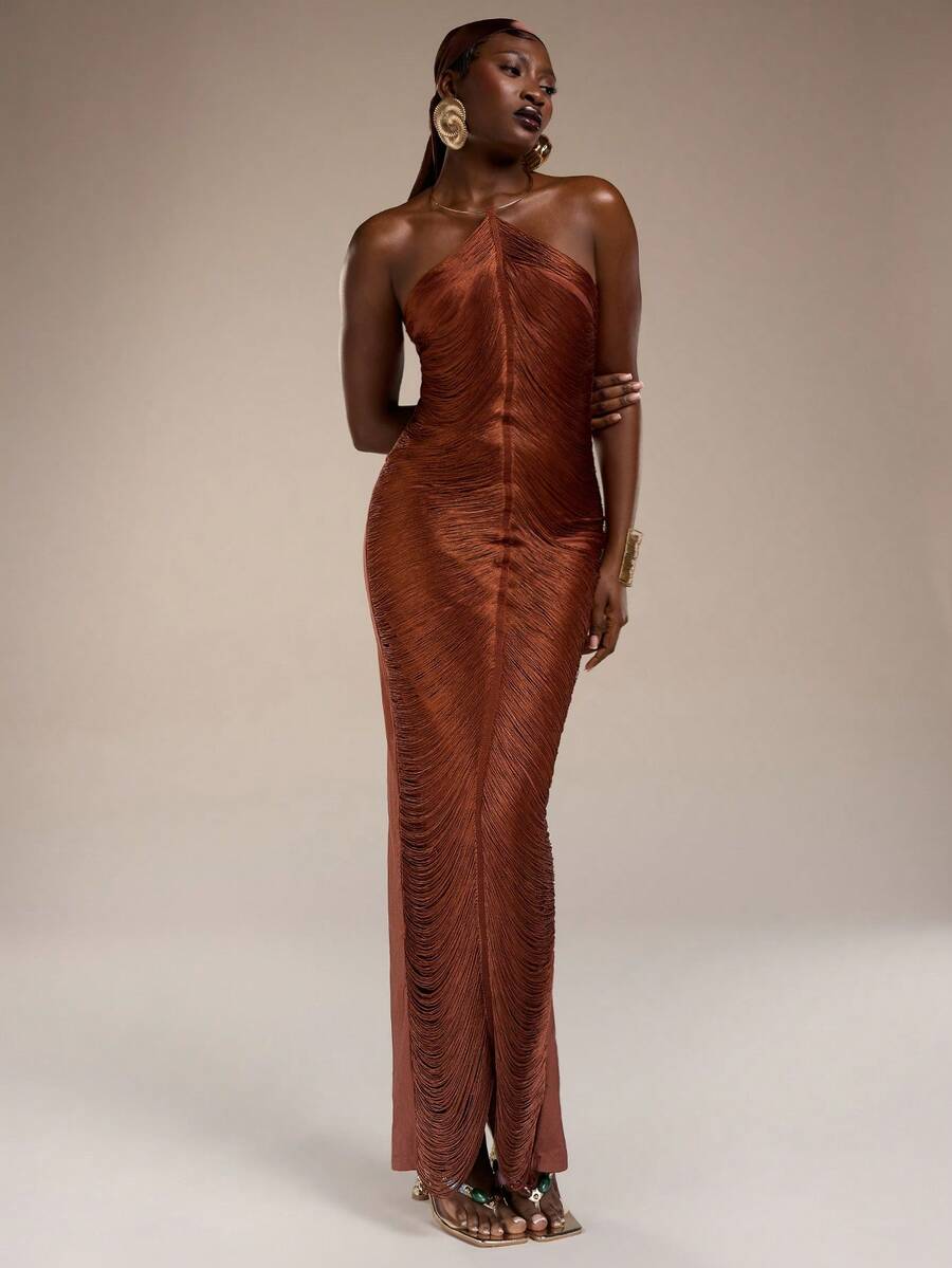 Normani Váy tua rua treo gợi cảm cho nữ dự tiệc với họa tiết kim loại vàng - Đỏ - Xem 1