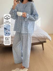 DAZY 碎花荷叶边宽松女士睡衣套装 - 藍色 - 查看 1