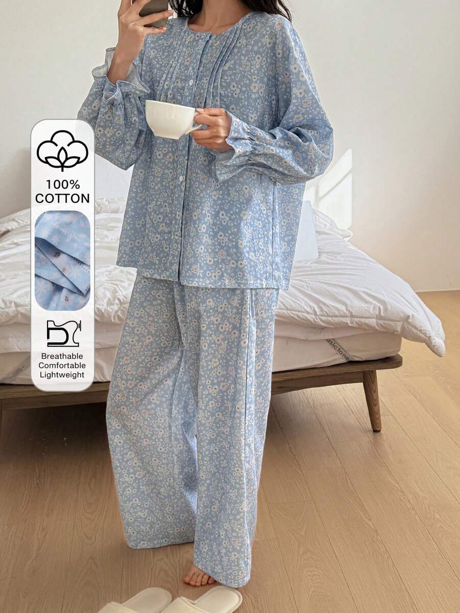 DAZY 碎花荷叶边宽松女士睡衣套装 - 藍色 - 查看 1