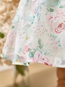 Young Girl Cute & Elegant White Floral Print Cutout Cap Sleeve Dress - Apricot - View 12