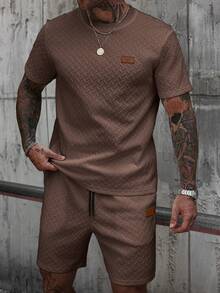 Manfinity CasualCool Men's V-Neck Ribbed T-Shirt + Drawstring Shorts Set - Coffee Brown - View 4