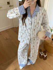 DAZY 2pcs Women Plaid Patchwork Cute Bear & Polka Dot Pattern Loose Cardigan Long Sleeve & Straight Leg Long Pajama Pants Set, Spring - Blue - View 7