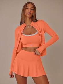 Aralina Leisurewear Zip Front Long Sleeve Top And High Waist Biker Shorts Two Pieces Set - Coral Orange - View 5