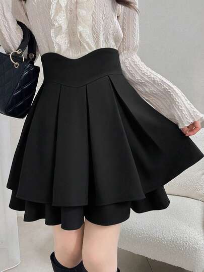 FRIFUL Women's Black Solid High Waist Pleated Short Casual Versatile Slim Fit Mini Skirt, Autumn/Winter