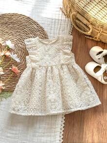 Vintaside Kids Newborn Baby Girl Embroidered Mesh Dress, Countryside Style, Spring/Summer Fashion, Elegant Delicate Dress - Apricot - View 5