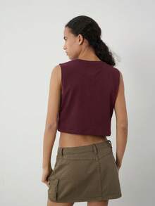 SHEIN BASICS 女士纯色圆领休闲宽松露脐背心 - 紫紅色 - 查看 3