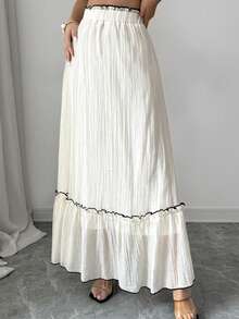 Modelyn A-Line Elastic Waist Ruffle Hem Patchwork Skirt - Apricot - View 7