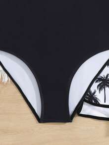 SHEIN 少女连体泳衣，黑色棕榈树印花，带短裤，时尚休闲优雅女士风格，适合夏季游泳、度假、海滩、泳池等场合 - 黑色 - 查看 6