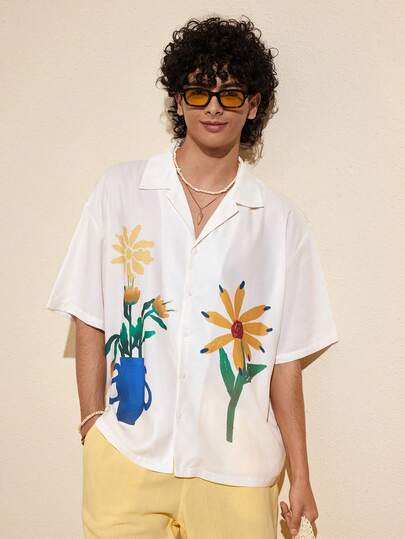 Felipe Marques 男士印花撞色宽松短袖衬衫，休闲百搭，适合假日、派对、海滩度假、春秋季穿着。