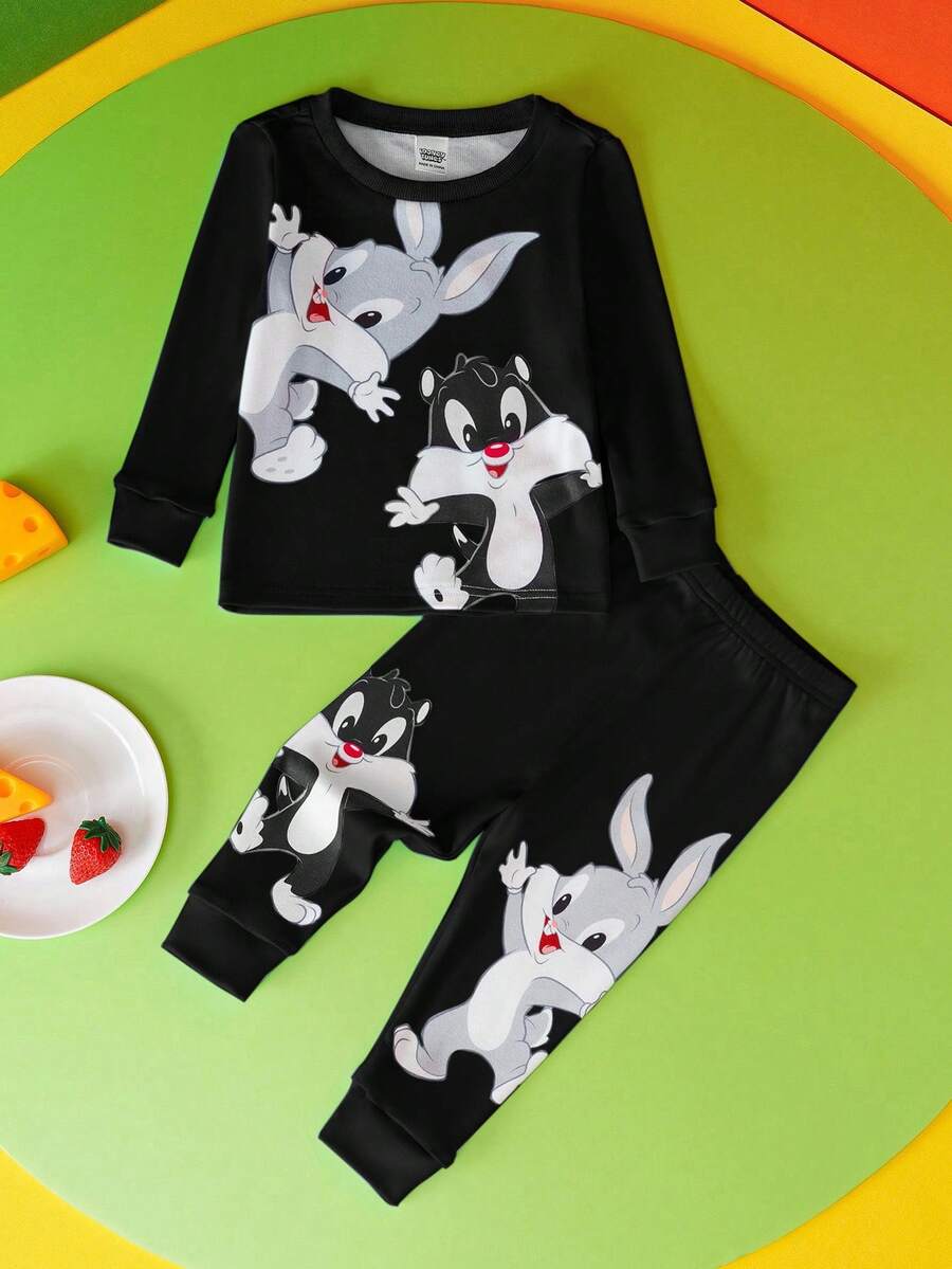 LOONEY TUNES X SHEIN 男婴可爱卡通动物印花长袖T恤和裤子修身睡衣套装 - 黑色 - 查看 1