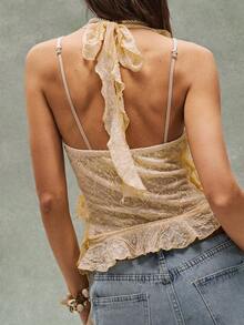 Bohemela Top halter de mujer estilo bohemio para primavera/verano, con un diseño elegante y romántico de volantes y un patrón de encaje jacquard. Adecuado para vacaciones en la playa, uso diario, festivales de música y looks de fiesta, vuelta al colegio, estilo callejero estadounidense, así como deportes, salidas, ciclismo, fiestas, San Valentín, carnavales y festivales de música. - amarillo ganso - Ver 2