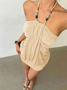 Aloruh Vestido mini sexy de mujer con cuello halter fruncido y cuentas de unicolor - Albaricoque - Ver 7