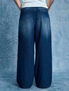 ROMWE MEN Street Life 男士休闲时尚街头日常通勤不对称腰带水洗宽松阔腿牛仔裤（不含腰带） - 藍色 - 查看 10