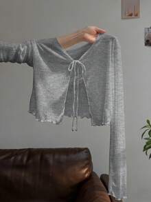 Resyla 法式无袖连衣裙罩衫，荷叶边长袖T恤罩衫，女士针织披肩，夏季防晒上衣 - 灰色 - 查看 1