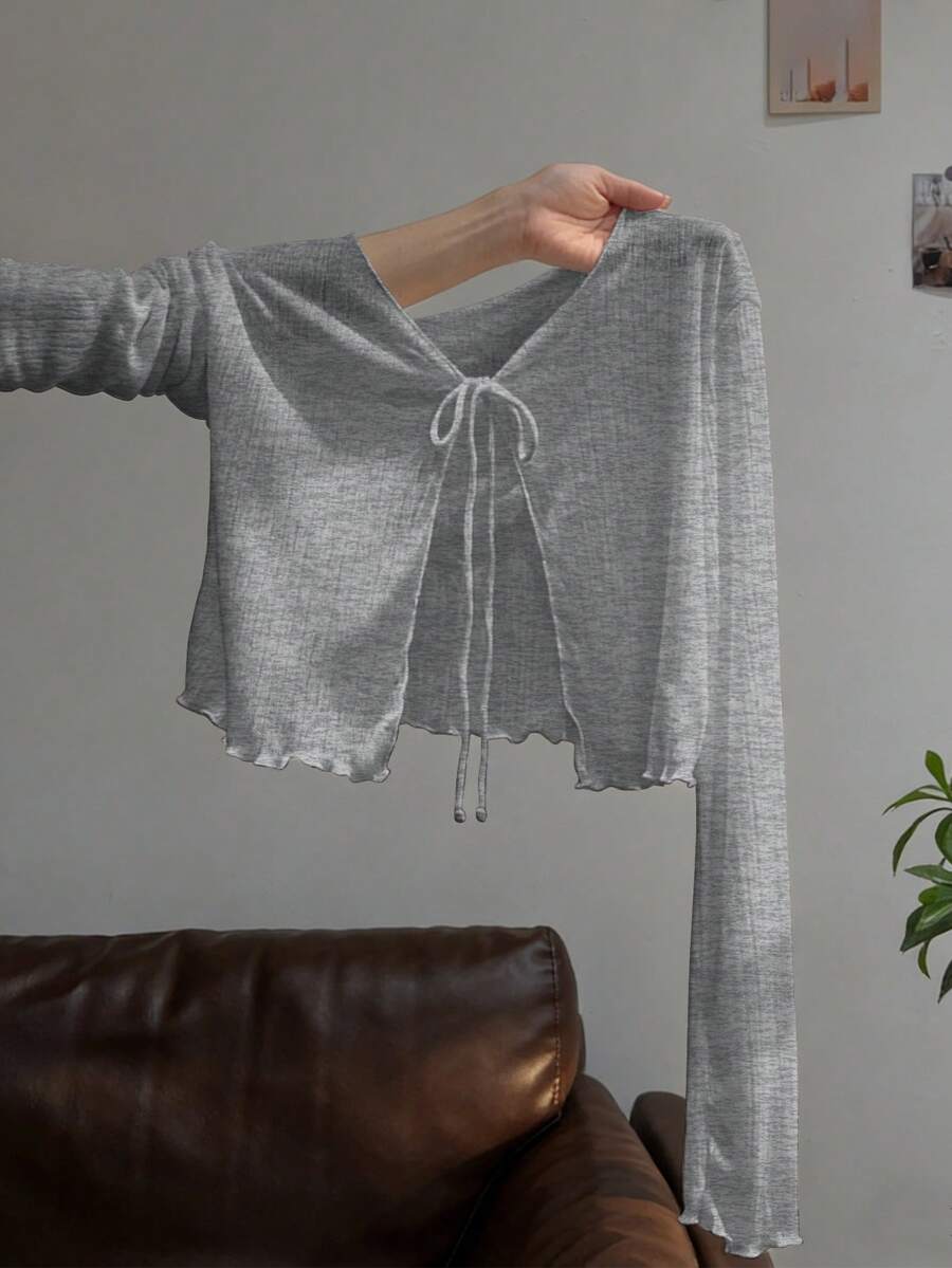 Resyla 法式无袖连衣裙罩衫，荷叶边长袖T恤罩衫，女士针织披肩，夏季防晒上衣 - 灰色 - 查看 1