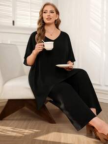 Rosumi Ensemble 2 pièces Top à manches courtes col V asymétrique et pantalon long, grande taille - Noir - Voir 4