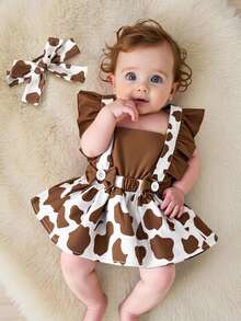 SHEIN Cute Baby Girls Brown Cow Print A Line Short Dress With Ruffle Sleeveless Square Neck Flared Hem Ruffle Details - Brown - View 3