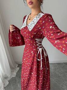 Mulvari 女士优雅碎花印花交叉系带袖阿拉伯风格连衣裙 - 紅色 - 查看 7