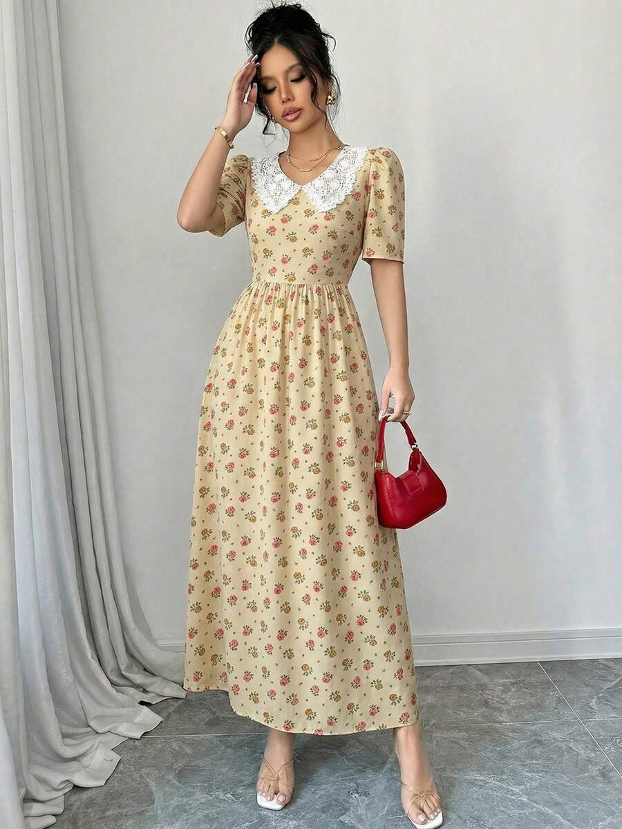 Modelyn 女士彼得潘领印花荷叶边优雅收腰长款派对连衣裙 - 黃色 - 查看 1