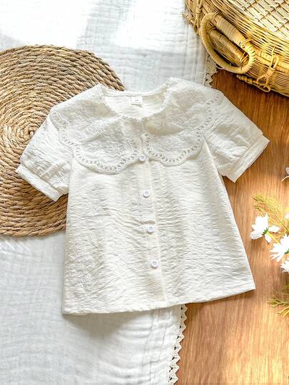 Vintaside Kids Young Girls' Apricot Sweet Embroidered Lace Floral Collar Short Sleeve Straight Blouse, Suitable For Daily Outings, Campus Wear, Parties, Photo Shoots, Valentine's Day Outfit
