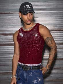 AXEPEAK Men's Round Neck Rhinestone Embellished Casual Everyday Wear Top - Red - View 5